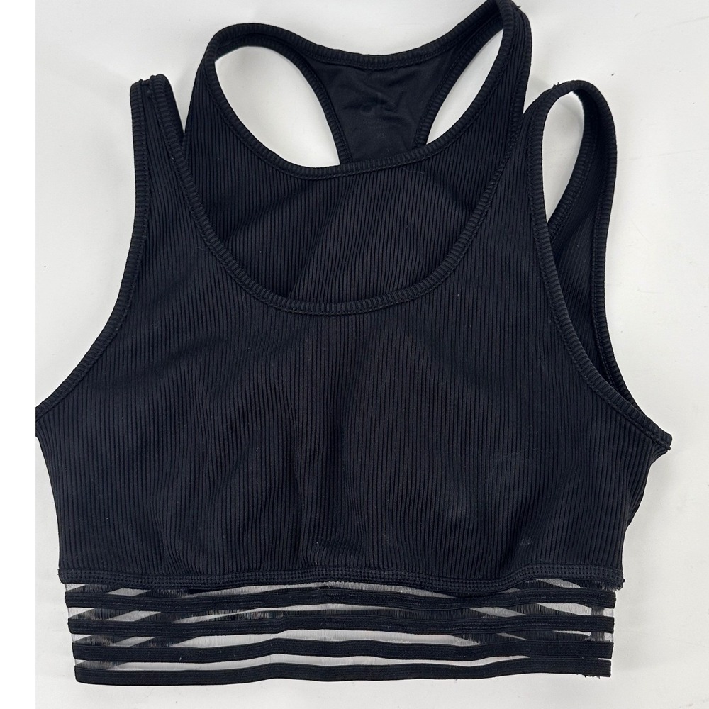 Alo Gaze Yoga Womens Ribbed‎ Racerback Sports Bra Black Mesh Striped Band XS